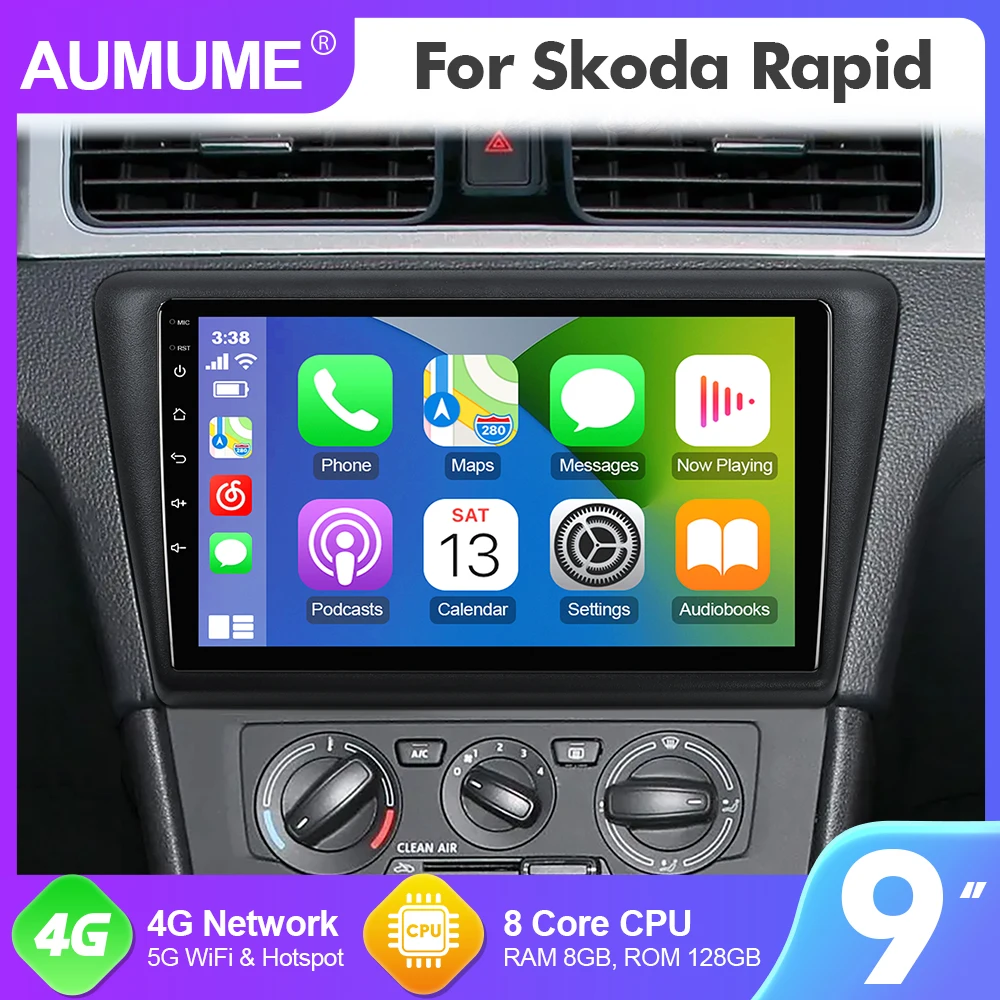 

9 Inch AUMUME Radio Android 12 For Skoda Rapid 2013-2019 Car Multimedia GPS Player 8 Core RAM 8GB RDS