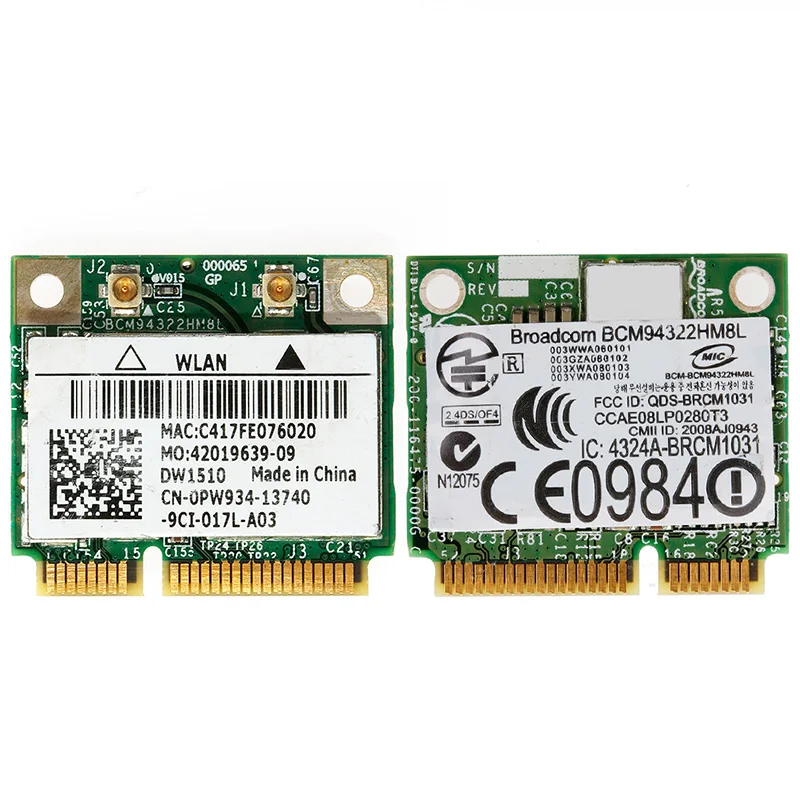 

2022 New 300Mbps Dual Band BCM94322HM8L DW1510 Half Mini Pci-e Wireless Wifi Wlan Card For DELL E4200 E5500