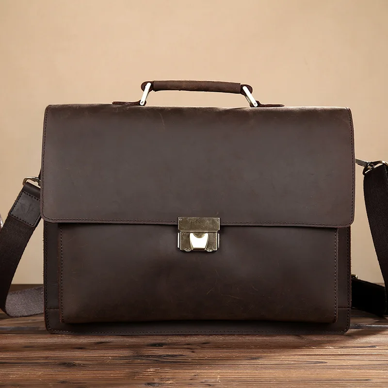 

Men's Genuine Leather briefcase with dial lock,15 inch Vintage Business bag,Cowhide Laptop Handbag,Mens Work tote fast post