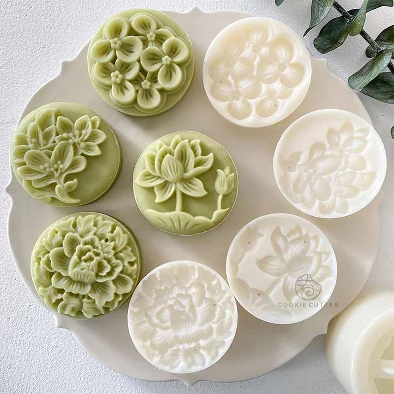 4Pcs/Set Flower Shape Round Mooncake Mold Chinese Pastoral Style Hand Pressure 3D Home DIY Fondant Cake Decoration Tools