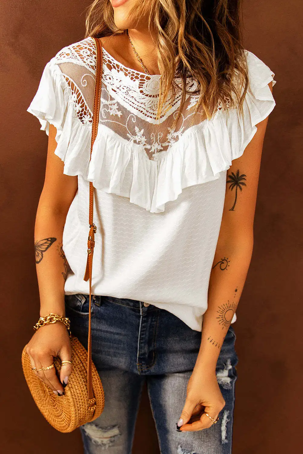 

Ladies' summer fashion lace vest flounces round neck blouse
