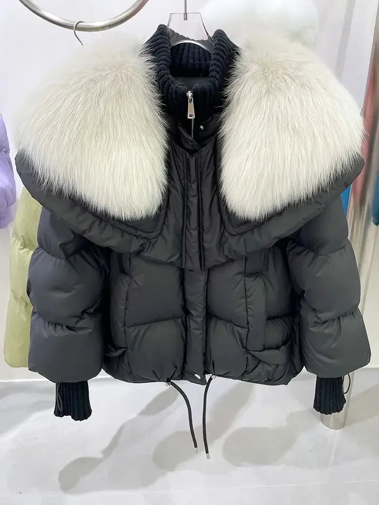 Женский пуховик с воротником из лисьего меха короткая зимняя куртка новинка 2024