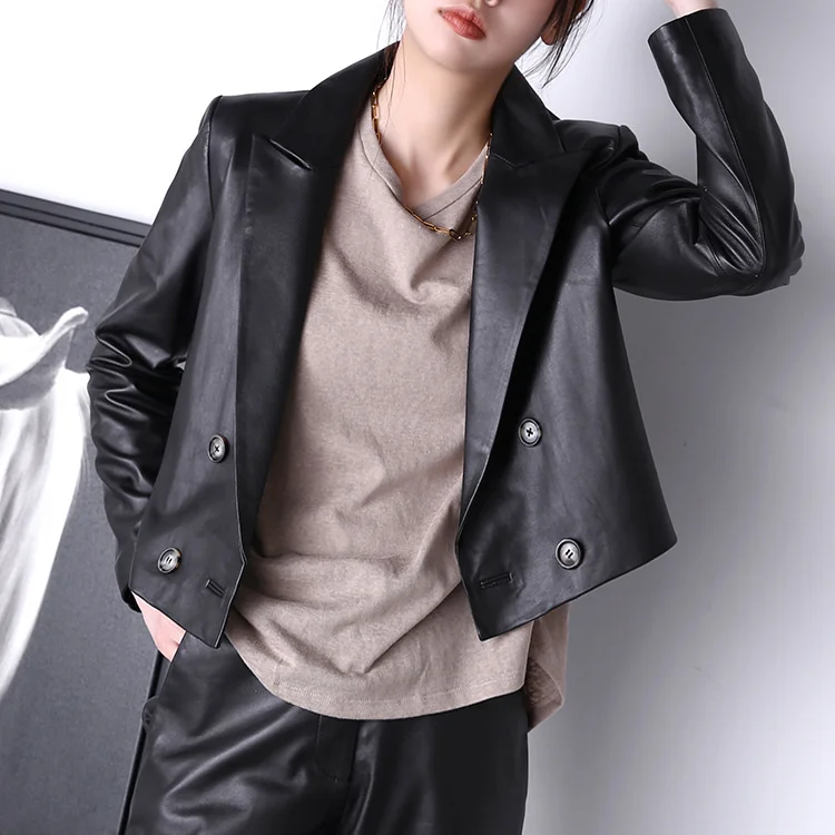 

2023 New Genuine Leather Lambskin Double breasted Short Sleeve Fashion Suit Coat Jacket Top for Women