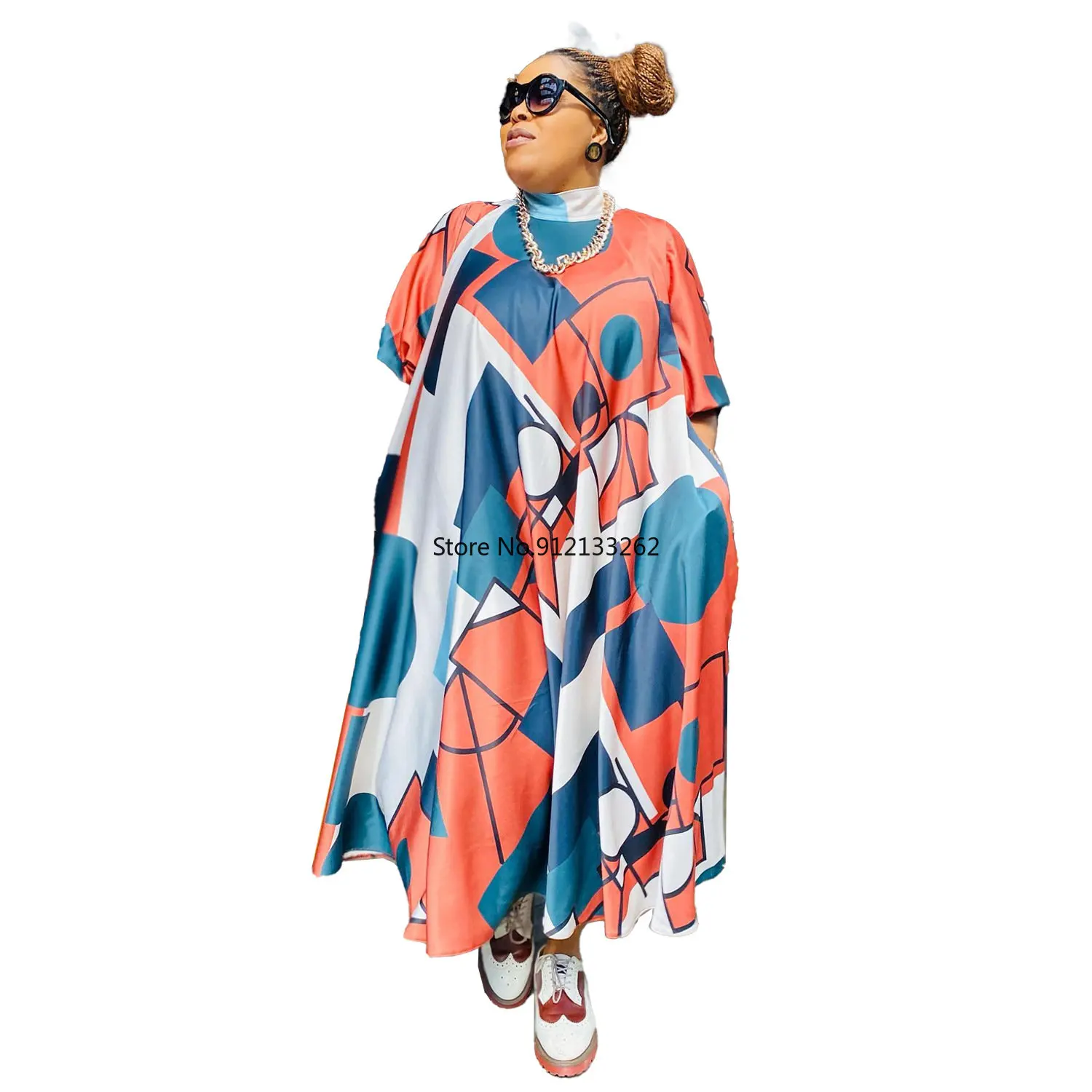 

2XL-5XL African Print Dresses Spring Autumn African Women Half Sleeve O-neck Polyester Long Dress African Dresses for Women