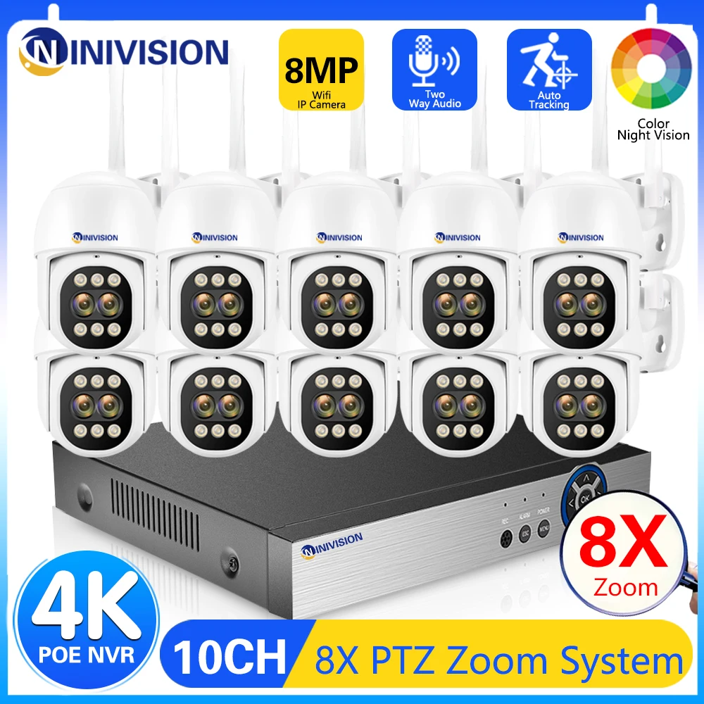 

8MP 8X Digital Zoom 2.8+12mm Dual Lens PTZ WiFi Camera Color Night Vision Human Detection 4K 10CH POE NVR CCTV Surveillance Kit