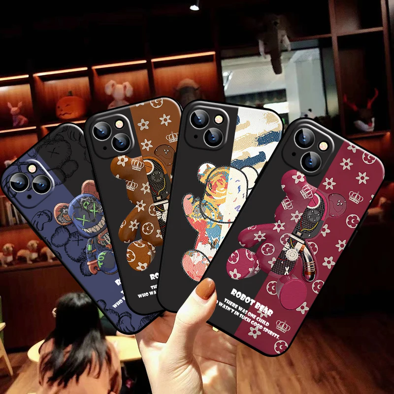 

Fashion Luxury Bear For Apple iPhone 13 12 11 Pro Max 13 12 Mini X XR XS Max SE 5 6 6S 7 8 Plus Phone Case Black Silicone Cover