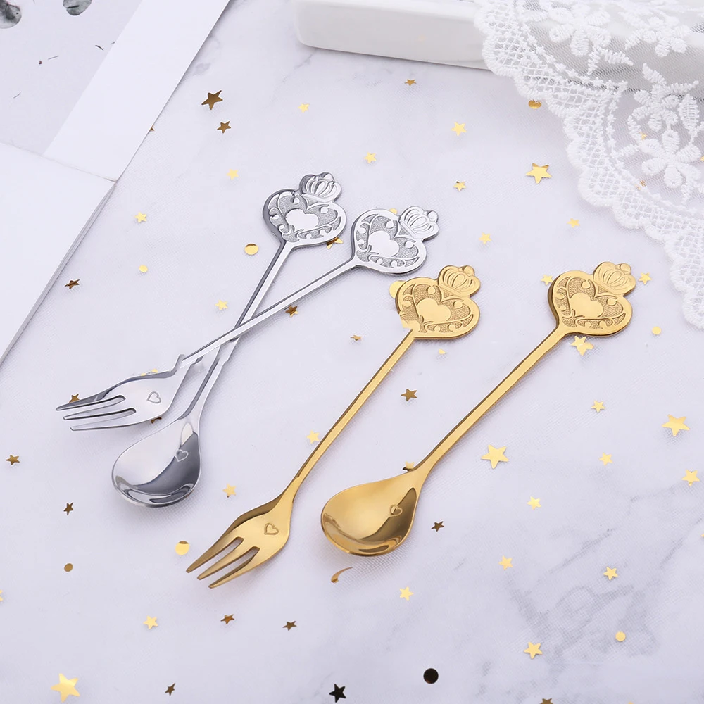 

Stainless Steel Spoon Fork Light Luxury Retro Crown Heart-shaped Kitchen Supplies Coffee Honey Bird's Nest Dessert Stir Tool