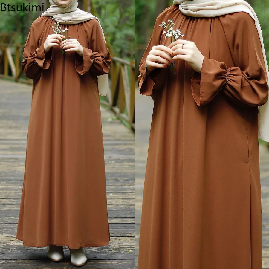 Muslim Fashion Abaya Solid Loose Long Sleeve Ruffles Sundress Round Neck Robe Maxi Dress Ladies Traditional Dubai Islam Clothes