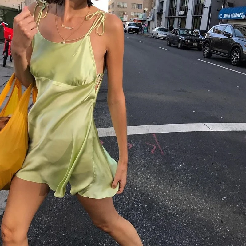 

Fashion Sexy Slash Neck Solid Color Spaghetti Straps Mini Dress for Women 2021 Summer High Street Backless Bandage Pencil Dress