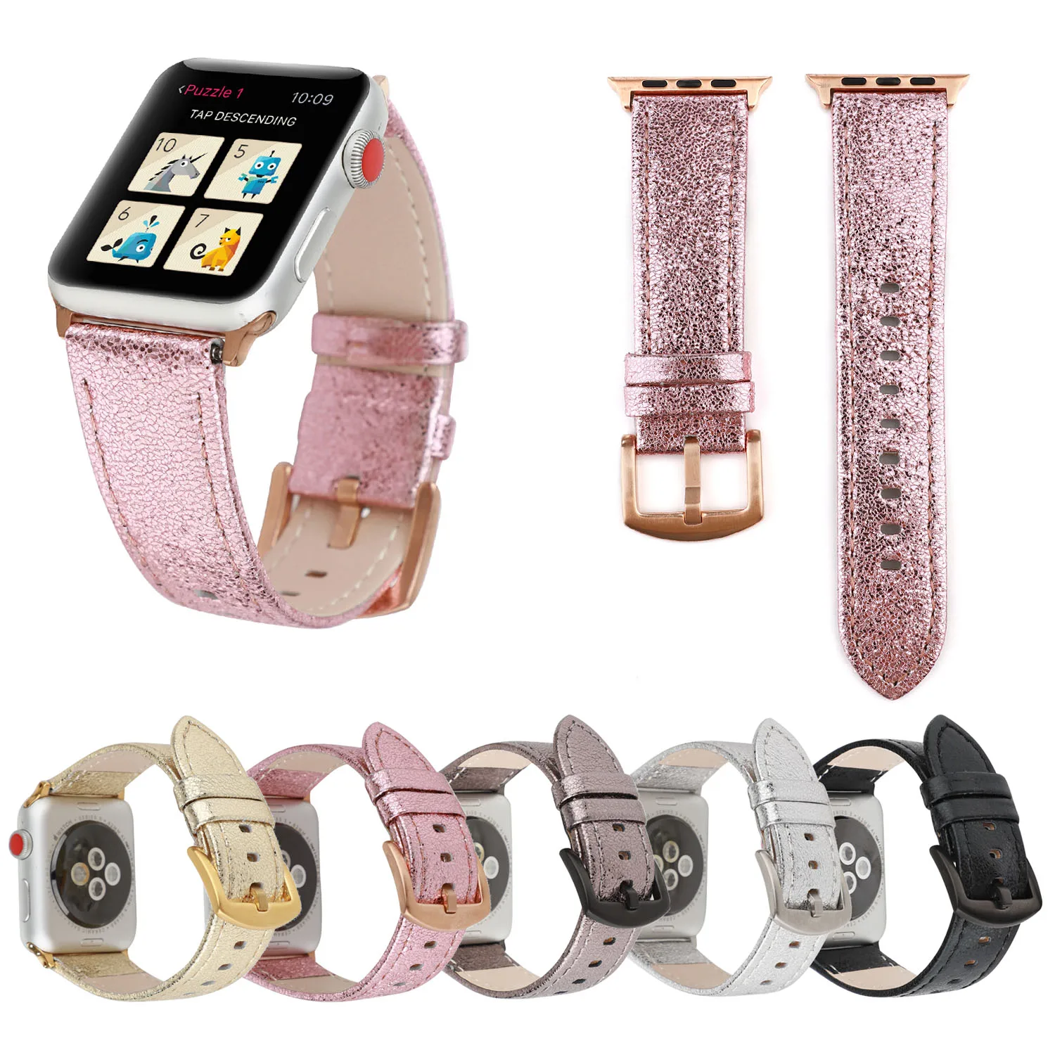 Genuine Leather Bracelet For Apple Watch Band Series 7 6 SE 44 40 38 mm 42mm Glitter Wristband For iWatch 5 4 3 45 41mm Strap