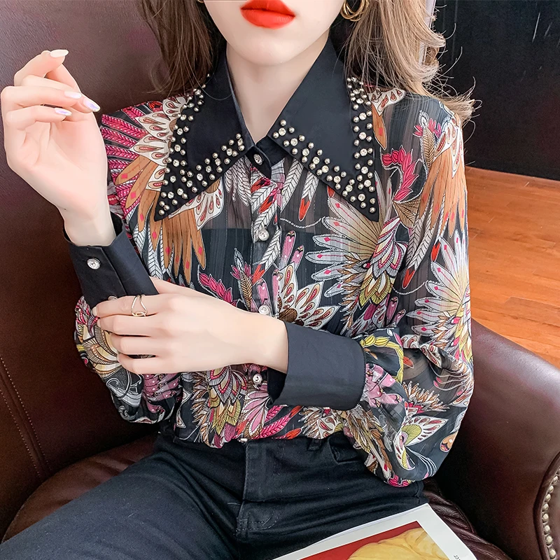 

Chiffon Women's Blouse Casual Print Splicing Long Sleeve Top Summer Fashion Lady Lapel Shirt