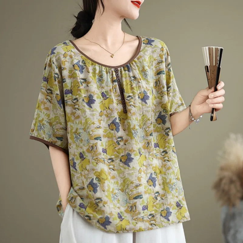 Женский пуловер с принтом Johnature Повседневная Свободная блузка круглым вырезом и