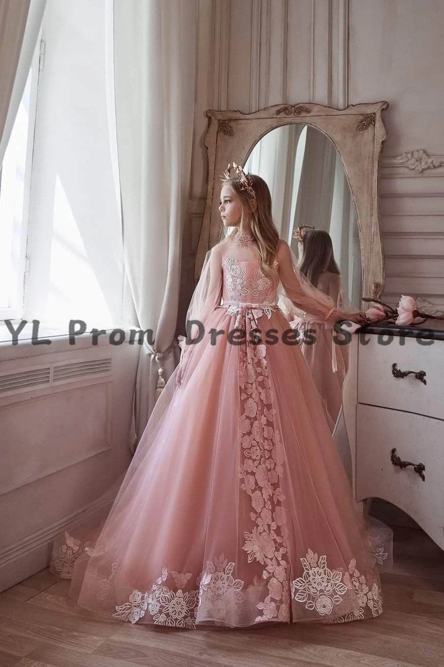 

YL Luxury Pink 3D Appliques Flower Girl Dresses High Waist Illusion Lantern Sleeeve First Communion Gowns Princess Ball Gown