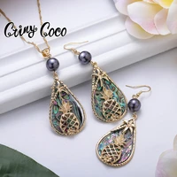 cring coco samoa gradient metal drop pendant necklace gold plated coconut pineapple earrings hawaiian jewelry sets for women