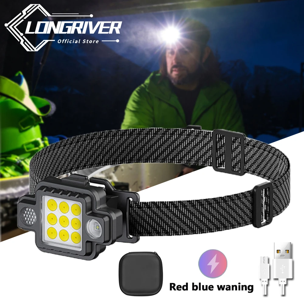

Portable Magnetic Work headlight 9 COB Led Red Blue lamp Multi-function Flashing Headlamp 5 Mode light Use outdoor Camping Torch