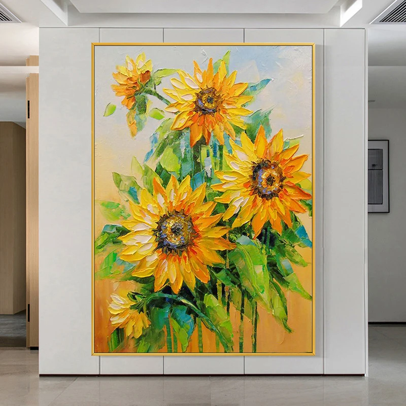 

Картина маслом с подсолнухами, ручная роспись, современное цветочное искусство, цветы, картины на холсте, настенное украшение для дома и офи...