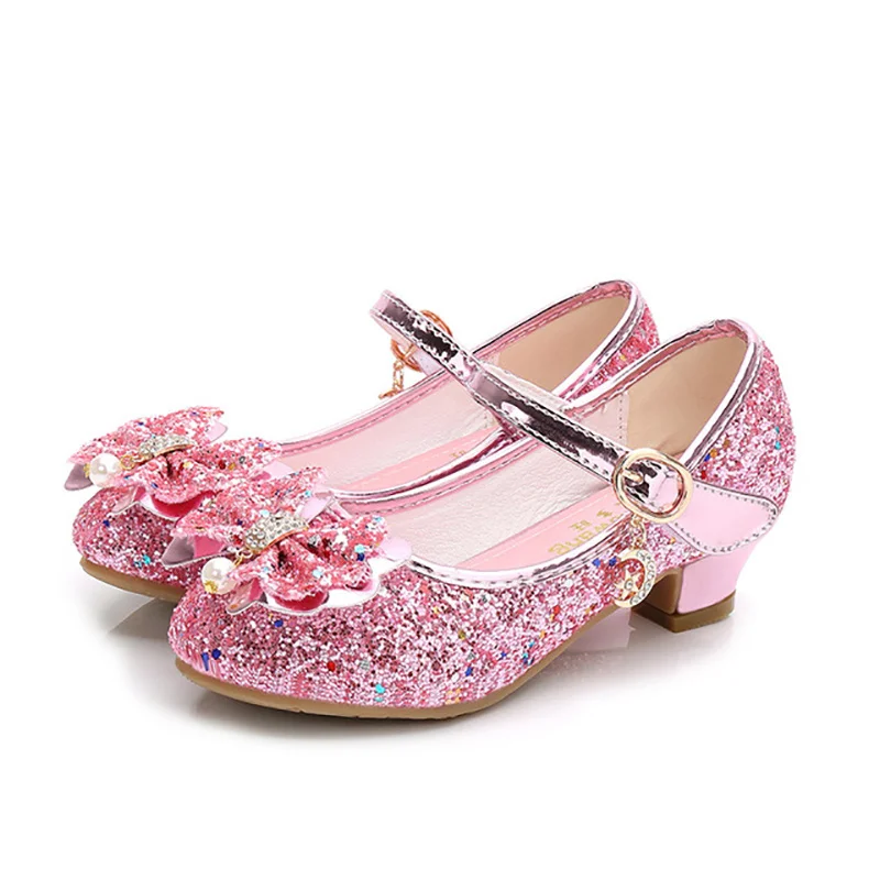 

Princess Shoes Girls Butterfly Knot High-heel Sequins Non-slip Performance Party Shoes Kids Crystal Children's Leather Shoes