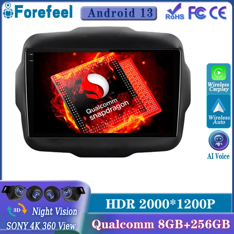 

Android 13 Qualcomm для Jeep Renegade 2016 2017 2018 2019 мультимедийный автомобильный GPS-проигрыватель навигация Сенсорный экран монитор видео