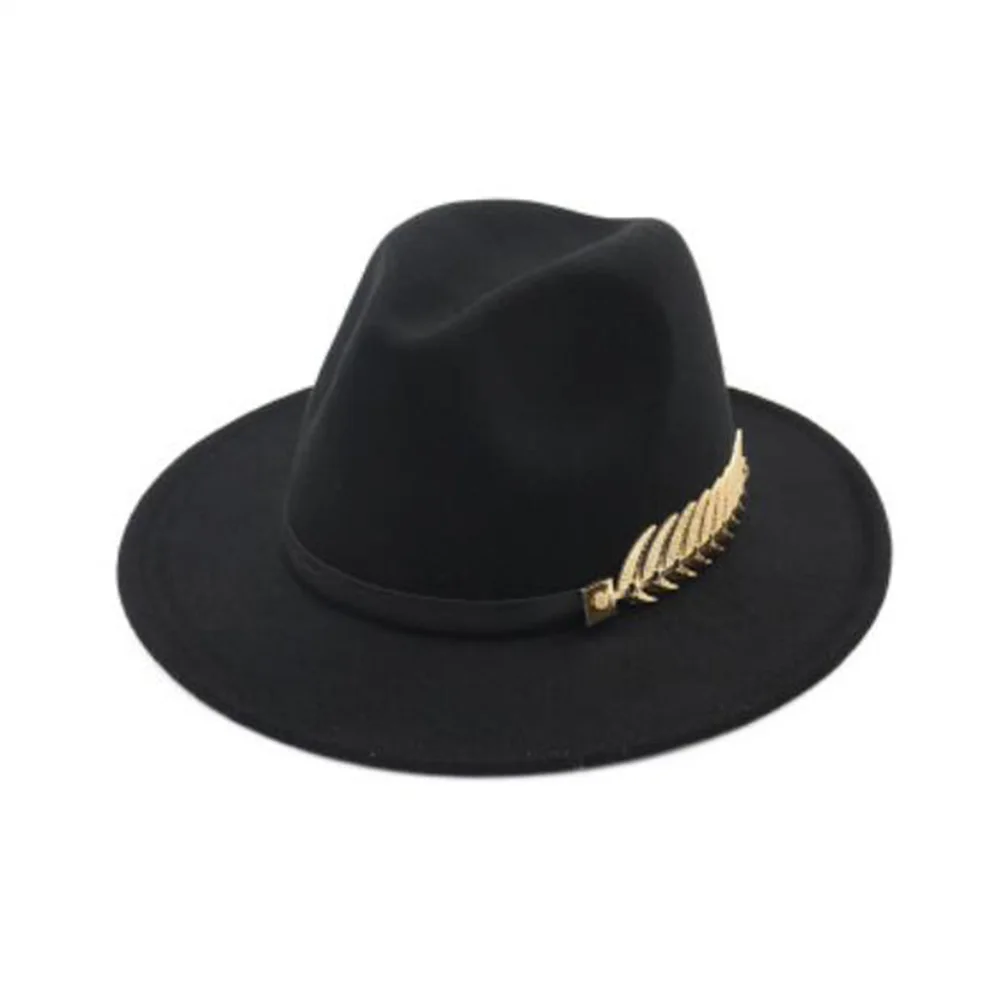 

Womens Fashion Felt Hat Winter Fedora Hat Women Metal Leaves Felt Hat Ladies Wool Jazz Hat Autumn Winter British Round Caps Cool