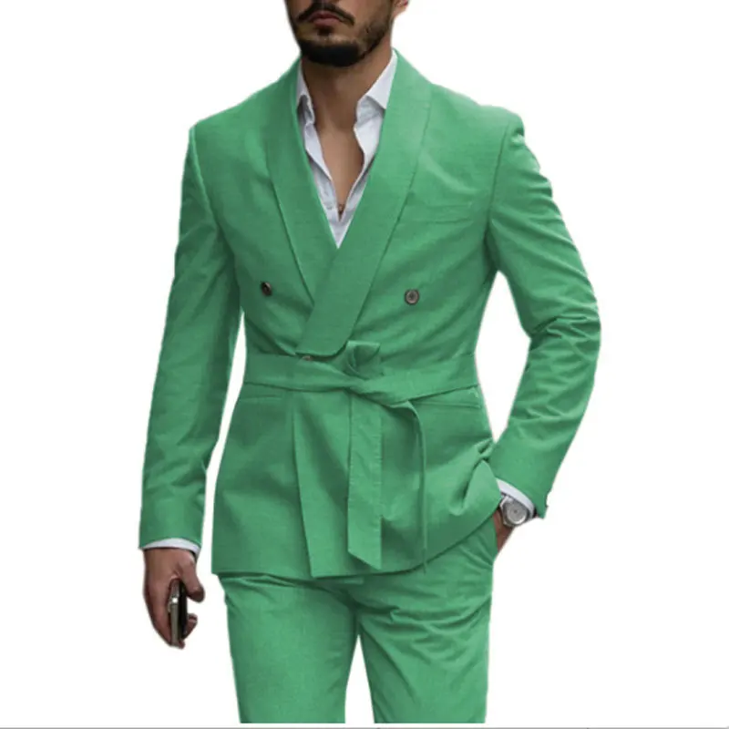 2023 New Men's Suit Two-piece Belt Style Slim Korean Formal Suit Large Size Green Blue