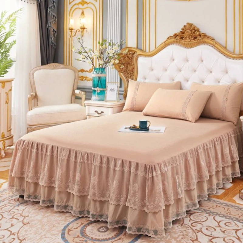 

Lace Bed Skirt Luxury Princess Girl Bedspread Queen King Size Spring Fitted Sheets Bed Mattress Cover Retro Bedding with Skirt