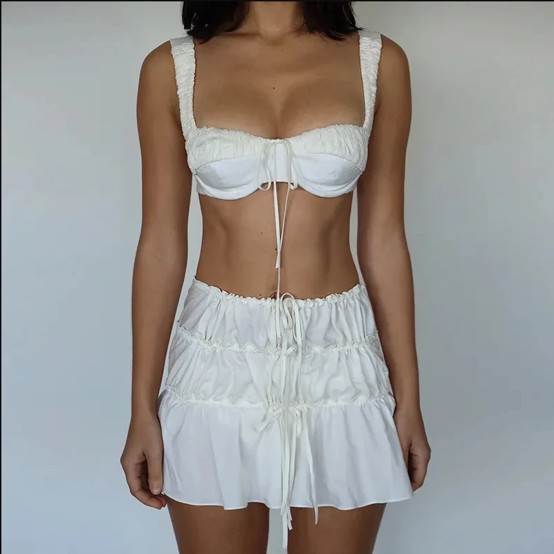 2 Piece Set Women Ruffles Tunnel Mini Skirt Front Tie Up Bralette Crop Tops + A-line Skirt French Y2K Vintage Backless Vest