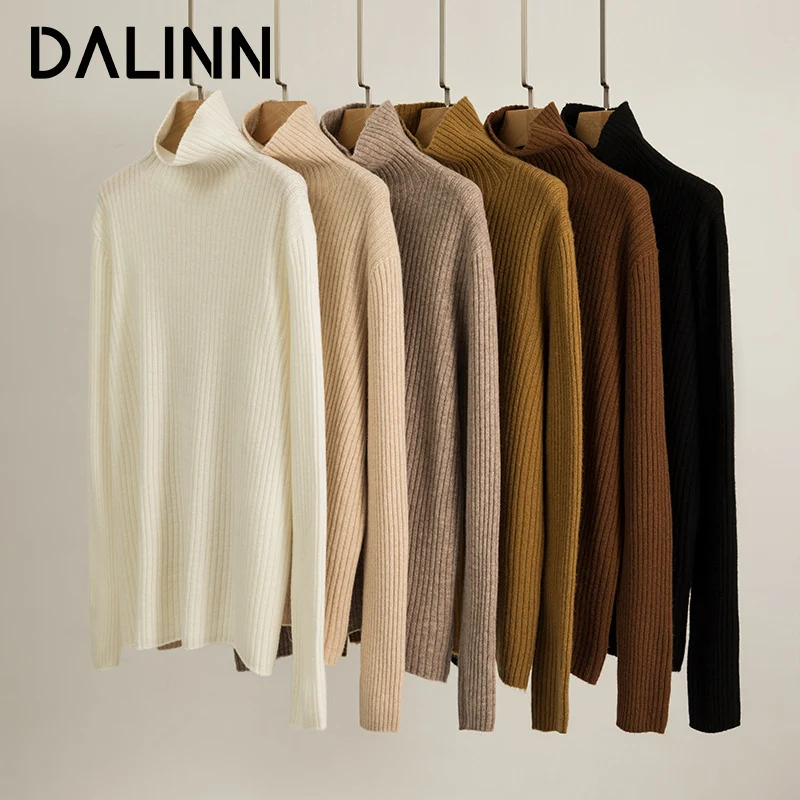 

Woman Turtleneck Pullovers 100%Sheep Wool Ribs Knitted High Collar Loose Sweaters 2023 Fall Winter Basic Top Mocha Black DALINN