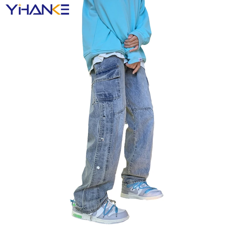 YIHANKE Washed Splicing Jeans Men's Straight Pants Multi Pocket Loose Jeans Solid Color Hip Hop Street Men's Pantalones Hombre