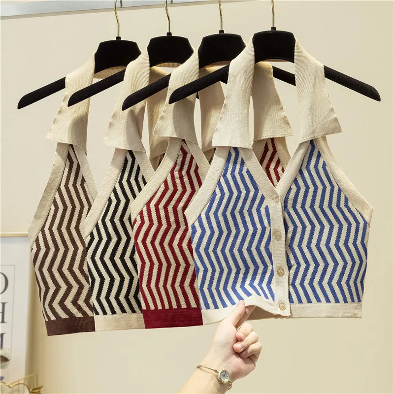 

Модный жилет для женщин, летняя Красивая трикотажная жилетка на пуговицах с воротником-стойкой и отворотом, новинка, женские полосатые коро...
