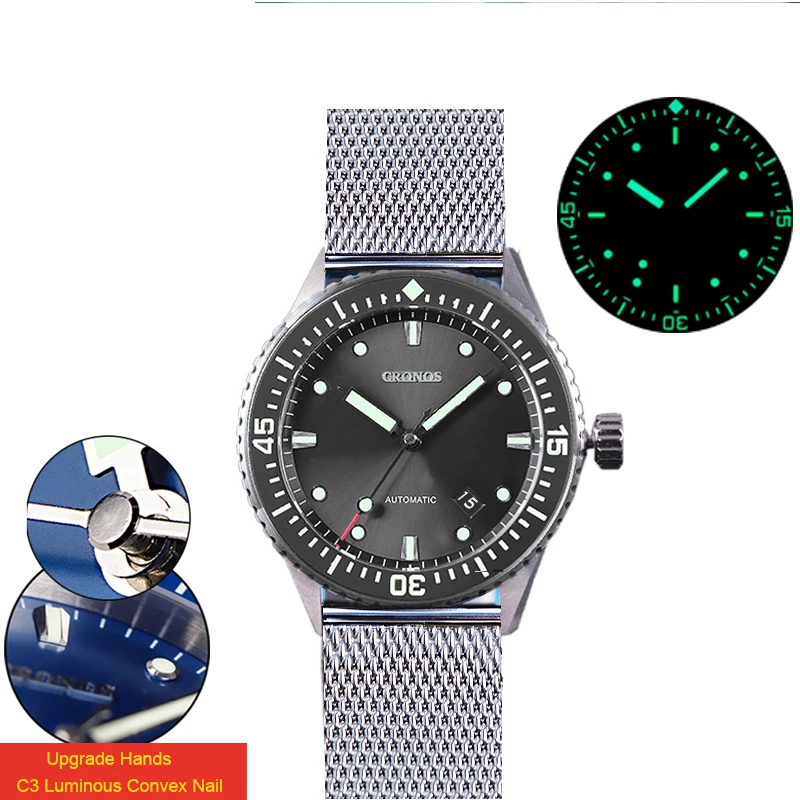 

Cronos Automatic Watch NH35 Vintage Sunray Dial Date Mechanical Wristwatches Sapphire S3 Luminous 20Bar Waterproof Mesh Bracelet