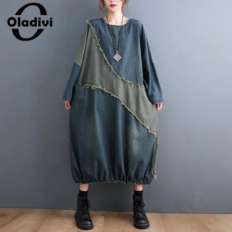 

Женское джинсовое платье Oladivi, с длинным рукавом, в стиле пэчворк, Новинка лета 2023, повседневные свободные джинсовые платья, Женская одежда оверсайз, 350