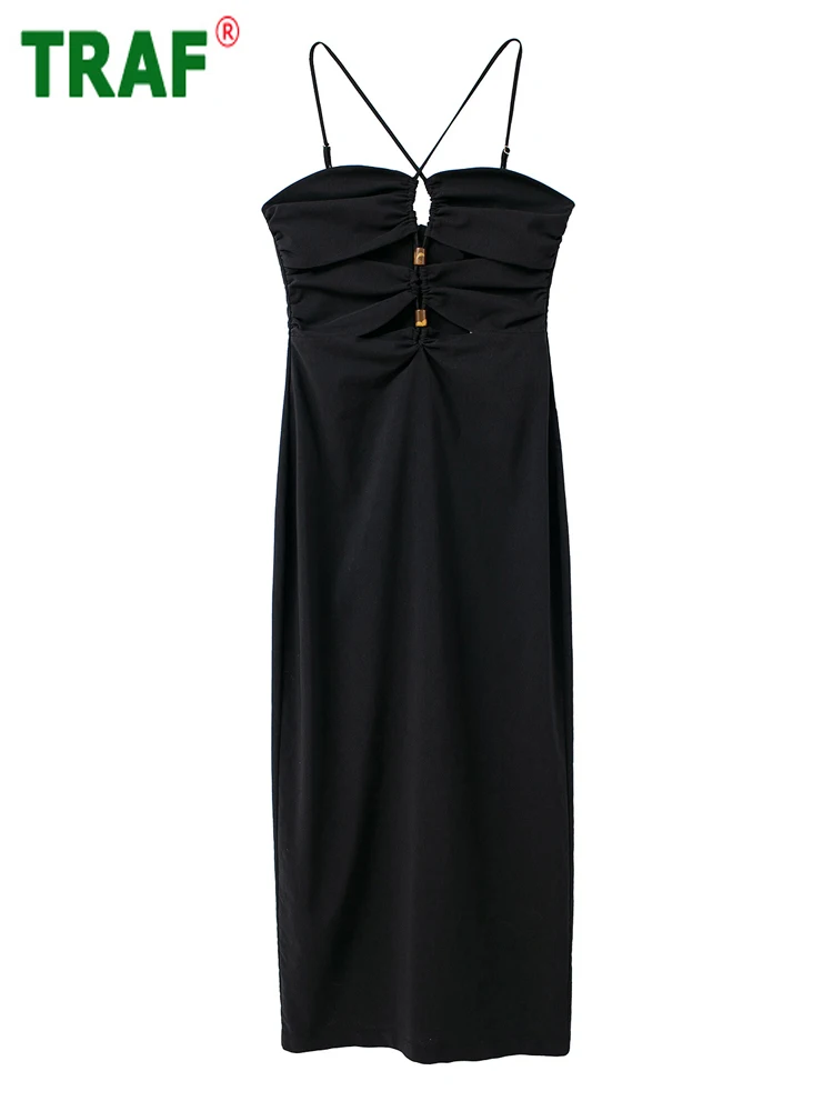 

TRAF Black Cut Out Dress Woman Sexy Backless Midi Dresses for Women 2022 Thin Straps Slip Female Dress Summer Ruched Party Dress
