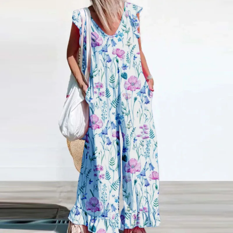 

Summer Casual Pattern Print Loose Jumpsuits Female V Neck Ruffles Street Straight Romper Elegant Flying Sleeve Beach Long Romper