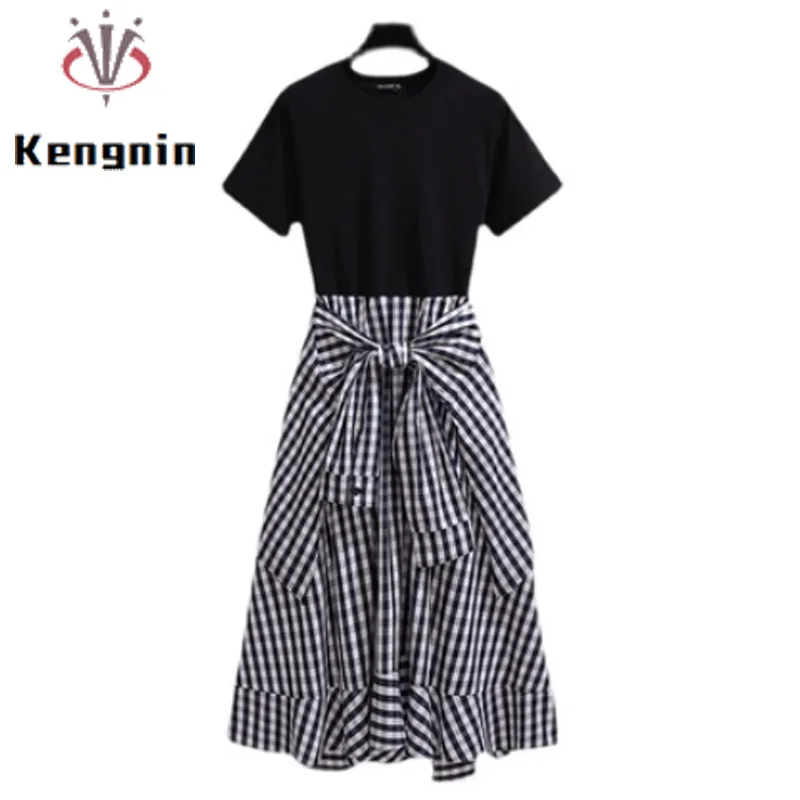 

Fake Two Piece Women's Dresses for 2022 Summer Plus Size Office Lady Work Vestido Sashes Plaid Patchwork T-Shirt Dress KE2844