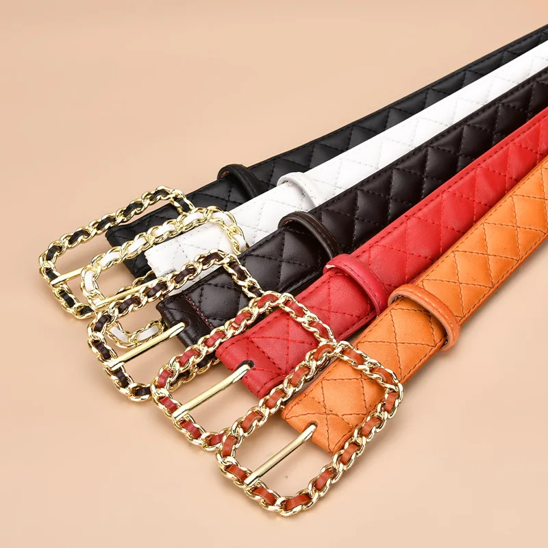 2022 Diamond Quilted Cow Leather Women Waist Belt White Pink  Blue Red Cowhide Jeans Belt Strap Real Leather Cinture Waistband