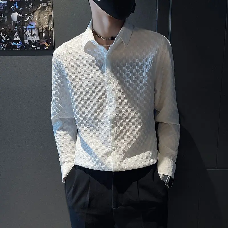 

Повседневная универсальная рубашка в клетку на весну и осень, деловая Мужская одежда, однотонная однобортная Корейская стильная рубашка-по...