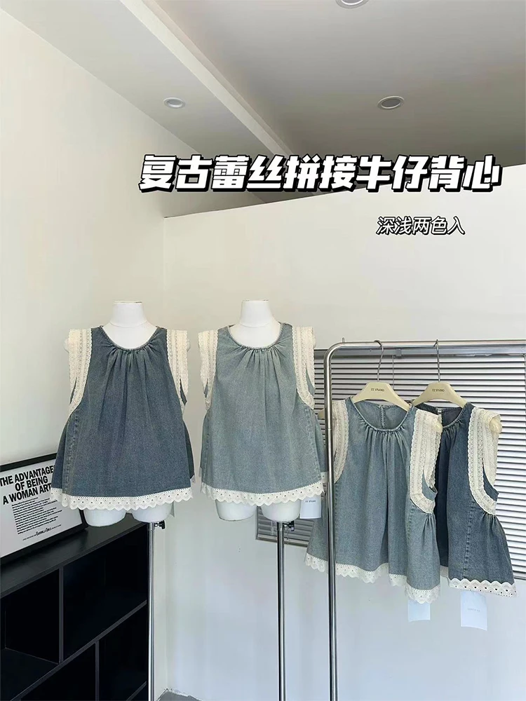 

Women Blue Denim Shirts and Blouses Korean Style Harajuku Fashion Lace Sleeveless Patchwork Blouses Y2k Loose Shirt Top Summer