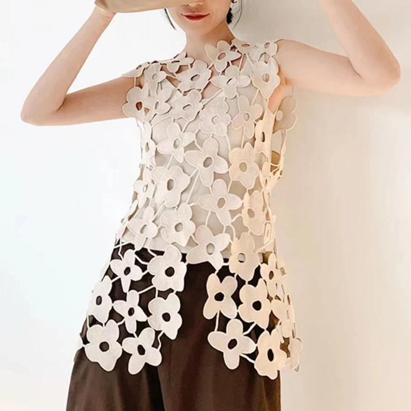 

Fashion Hollow Out Lace Blouse Sexy Sleeveless Shirt Women Tops Solid Color Loose Round Collar Summer Clothes Blusas 27442