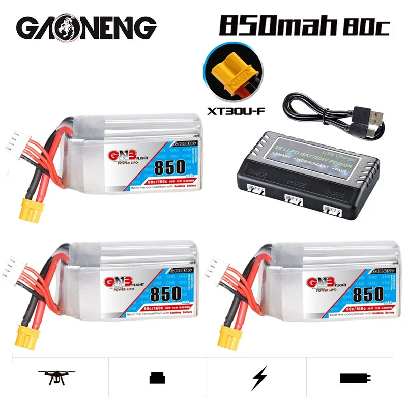 

GNB 3S 11.1V 850mAh 80C/160C Lipo Battery +Charger For FPV 180CFX 3D Quadcopter Helicopter Racing Drone With XT30U-F Plug