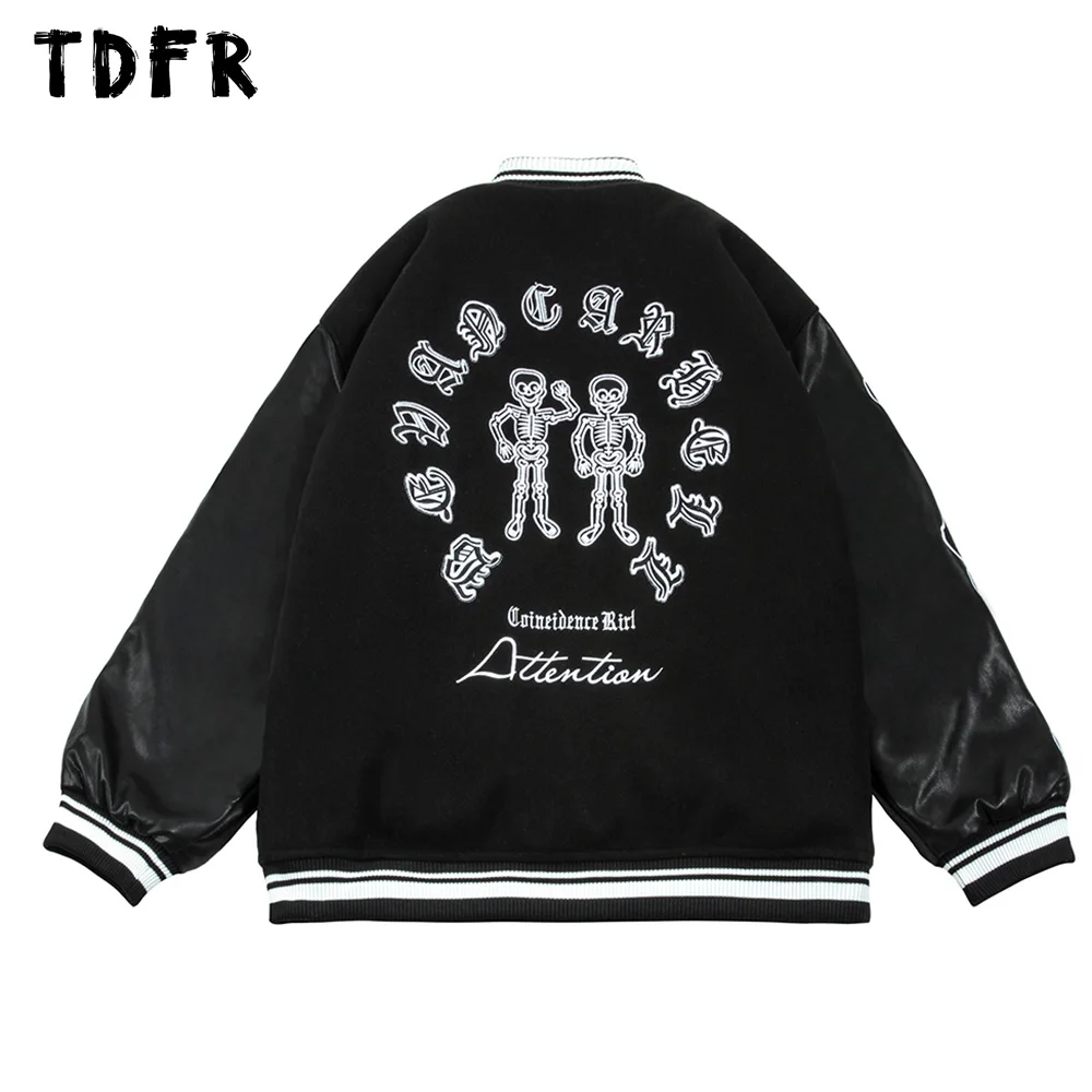 

Skeleton Embroidery Sleeve PU Jacket Thick Mens Winter Casual Loose Stand Collar Single Breasted Long Sleeve Baseball Jacket