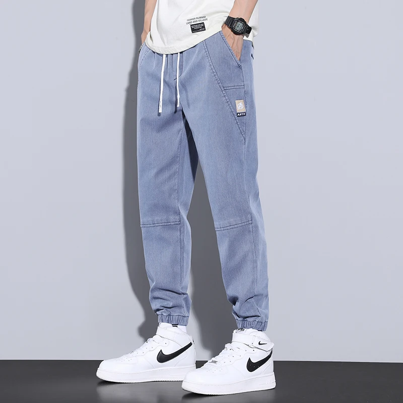 

Брюки мужские повседневные с имитацией джинсов, Модные узкие брюки из ледяного шелка, приталенные удобные штаны в Корейском стиле, лето