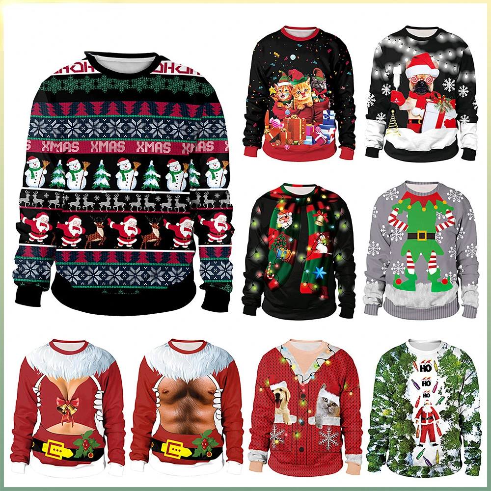 

3D Digital PrintingTops Round Neck Long Sleeve Couple Sweater Winter Clothes Women 2022 New Christmas Holiday Party