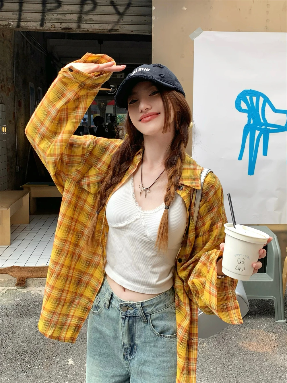 Женская рубашка в клетку ADAgirl желтая винтажная стиле Харадзюку кардиган на