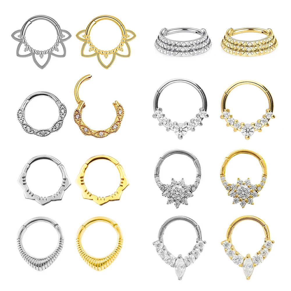 

100% 316L Surgical Steel Zircon Nose Ring Clicker Daith Piercing Ear Cartilage Helix Hoop Flowers Water Drops