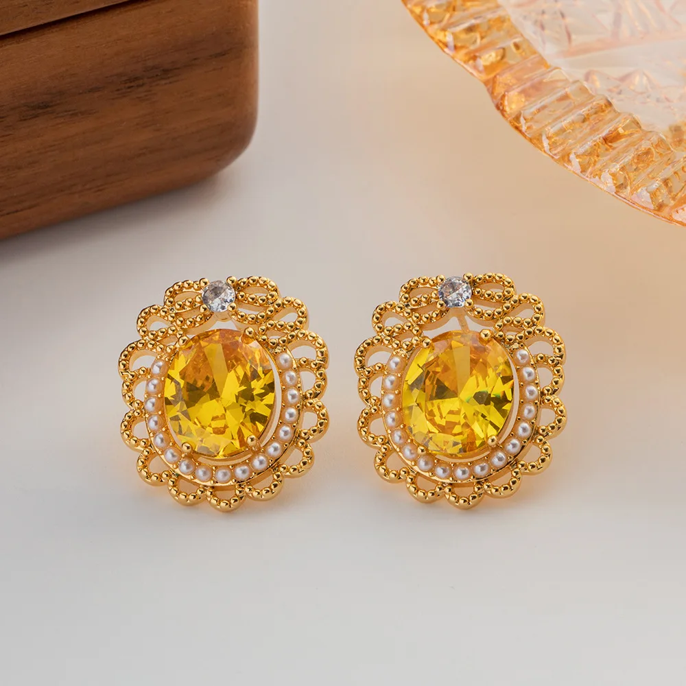 

Minar Luxury Bling Bling Yellow Color Crystal Rhinestone Pearl Flower Drop Earrings for Women 18K Real Gold Plated Brass Earring