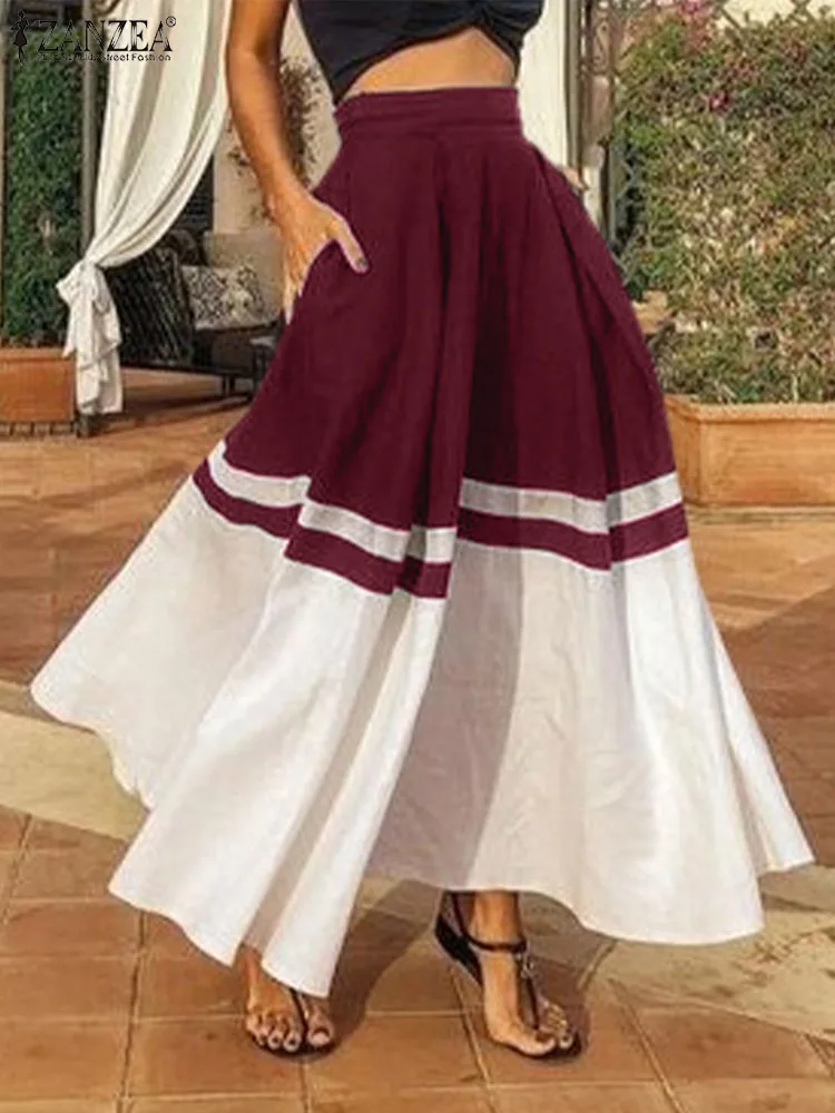 

ZANZEA Women Bohemian Maxi Skirts 2022 Summer Pleated Patchwork Ruffles Skirt Elegant High Waist Loose Skirt Faldas Saias Jupe