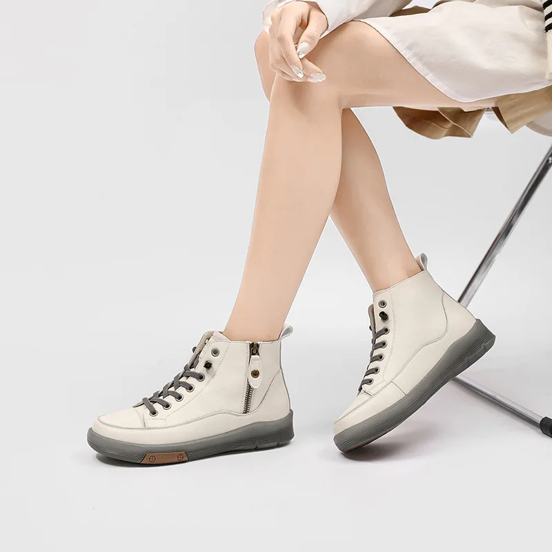 Women's Boots Genuine Leather Spring 2023 New Casual Shoes British Style High Top Board Shoes Small White Ankle Boots Women