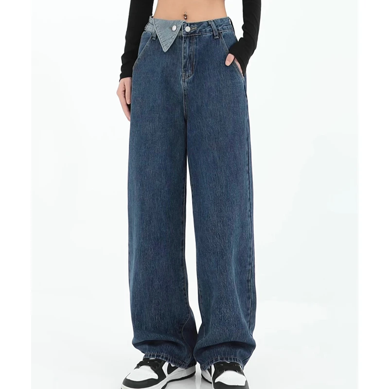 

Джинсы женские свободные с завышенной талией, винтажные прямые мешковатые брюки из денима с широкими штанинами, уличная одежда, синие, на ос...