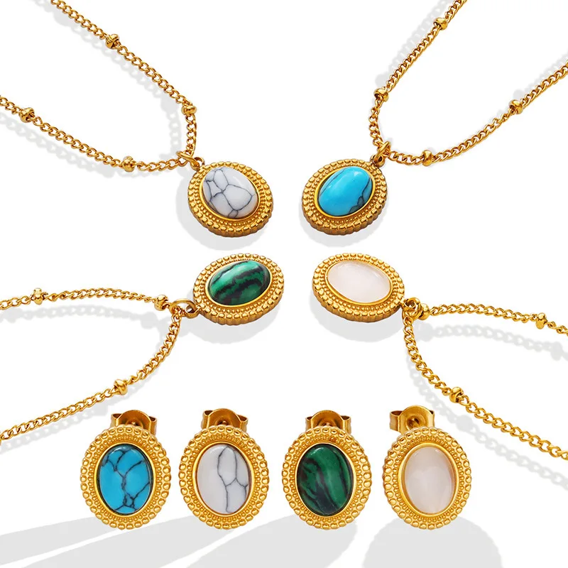

Boho Necklace Earrings 316L Stainless Steel Chain Natural Turquoise Opal Inlay Pendant Vintage Jewelry Set For Women