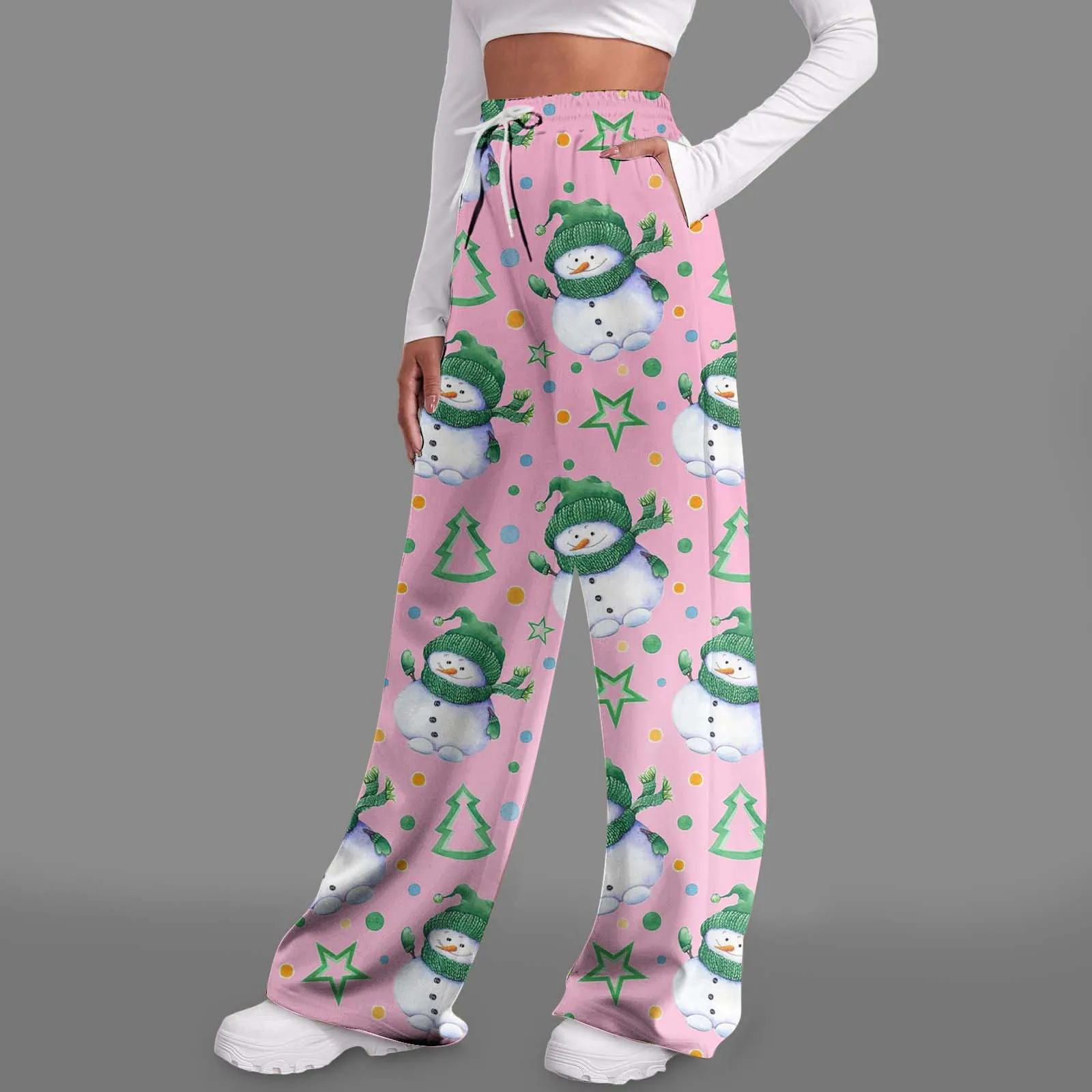 Женские рождественские штаны с принтом талии высокой талией повседневные